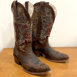 Dusty Rocker cowgirl brown leather boots red turquoise rose design size 7